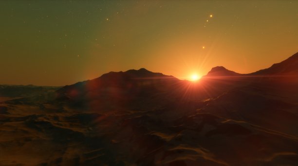 火星的黎明日落，红色的山脉和行星的大气层。三维渲染图片下载