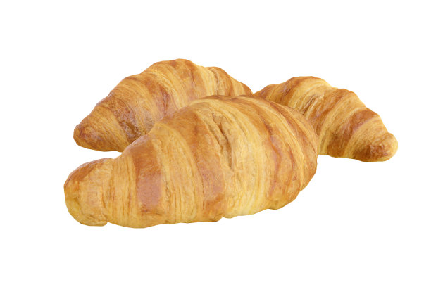 新鲜羊角面包在白色背景上的剪接路径，即食面包配热咖啡和茶作为早餐图片下载