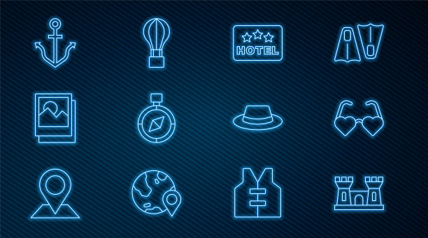 集线沙城堡，心形的爱情眼镜，招牌文字酒店，指南针，照片，锚，男人帽子丝带和气球图标。向量图片下载