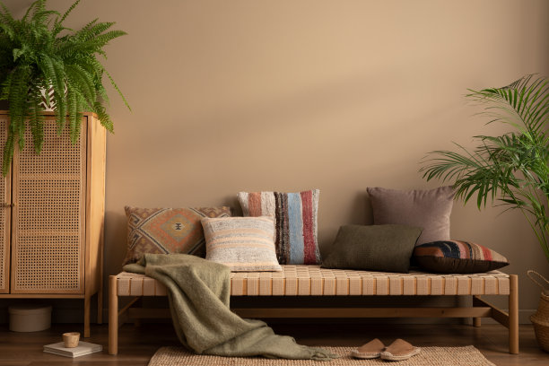 客厅内部的民族构成，有沙发、图案枕头、藤餐具柜、编织地毯、蕨类植物、花盆里的植物、棕色拖鞋、杯子和个人配饰。家居装饰。模板。图片下载