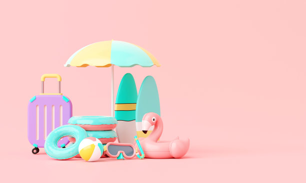 夏季粉红色度假海滩与最小的冲浪板，岛屿，元素背景概念，现实显示产品模型或化妆品与夏季粉红色主题。最小可爱的设计。三维渲染图片下载