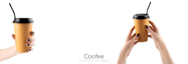 女人拿着白色背景的黑纸杯热咖啡。黑色指甲的女性手。图片下载