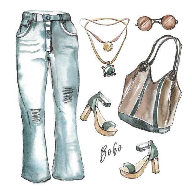 波西米亚风格的时髦女性服饰和配饰。图片下载