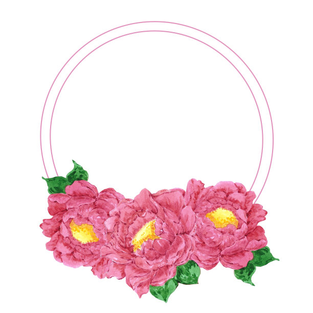 手绘水彩品红色牡丹花圆框。孤立在白色背景上。剪贴簿，明信片，横幅，标签，海报。图片下载