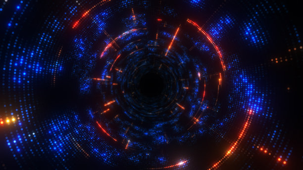 穿越抽象点阵技术的数字隧道。圆的形状。图片下载