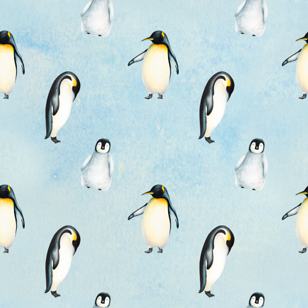 水彩无缝图案与王企鹅家族隔离。手绘现实的北极和南极海洋哺乳动物。用于设计师，装饰，明信片，包装纸，剪贴簿，封面，标志，邀请函，海报和纺织品图片下载
