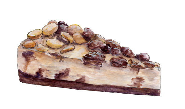 在白色背景上用坚果和巧克力水彩画一块蛋糕图片下载