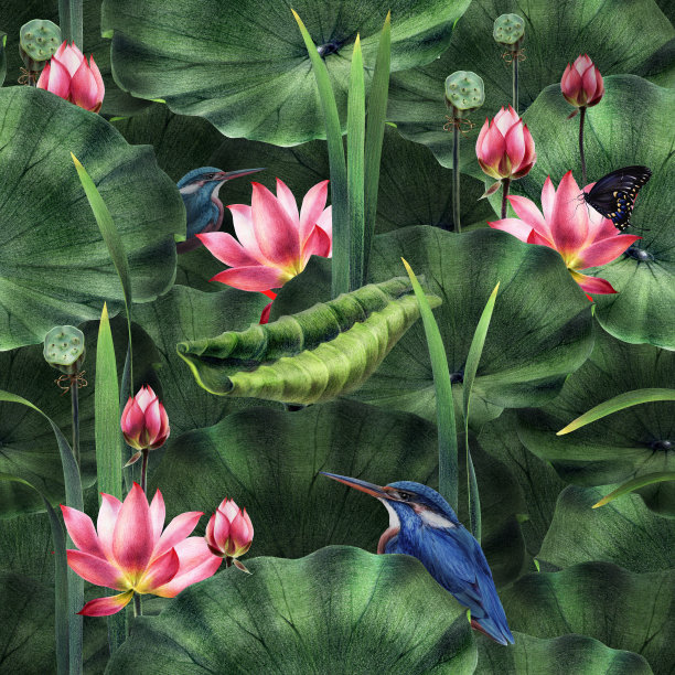 粉色莲花和绿色叶子的图案图片下载