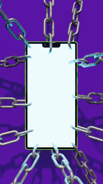 链条附在紫色设置的绿色手机上，技术依赖，3d渲染图片下载