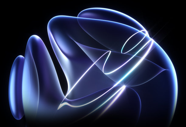抽象艺术3d渲染3d背景，部分超现实的外星球体或球花，曲线波浪线形成半透明荧光塑料材料，霓虹灯蓝色，黑色内部有激光条纹图片下载