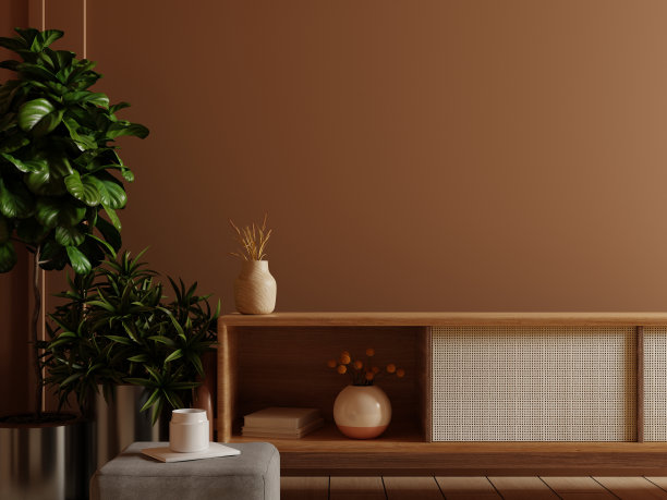 现代空房间的橱柜模型，深棕色墙壁。图片下载