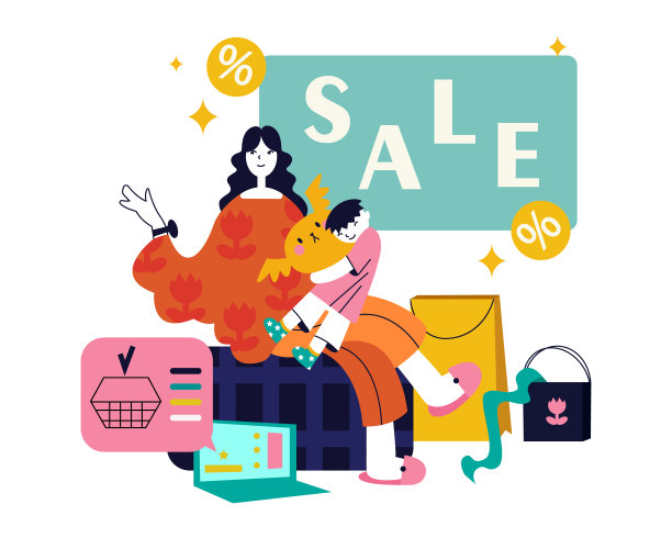 彩色卡通家庭在网上大减价购物图片下载