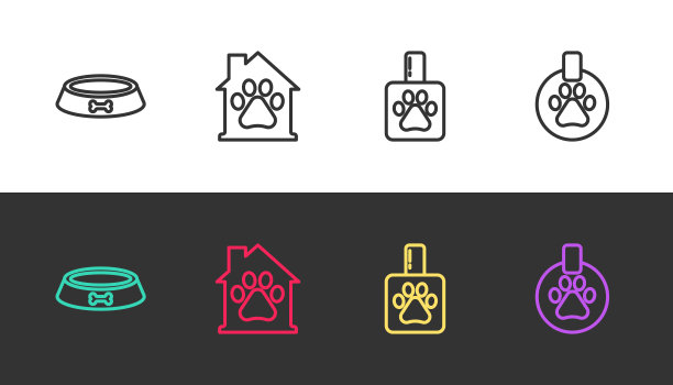 设置线宠物食品碗，房子，洗发水和衣领与黑白名牌。向量图片下载