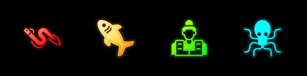 设置鳗鱼鱼，鲨鱼，渔民和章鱼图标。向量图片下载