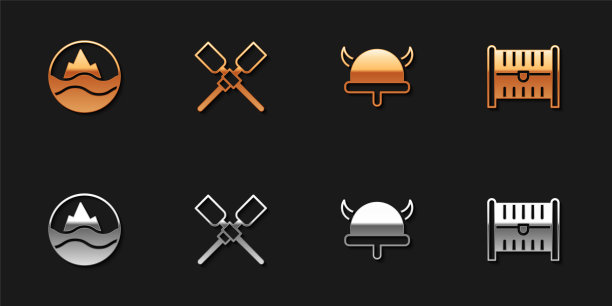 集大海和海浪，桨或桨船，海盗在角头盔和古董宝箱图标。向量图片下载