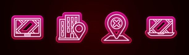 设置线路Gps设备与地图，位置的房子，和城市导航。发光的霓虹灯图标。向量图片下载