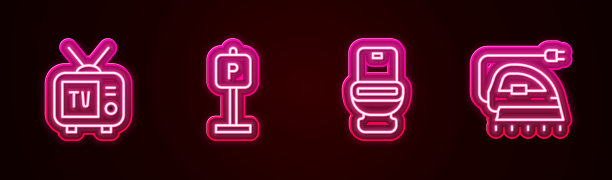 设置线复古电视，停车场，马桶和电熨斗。发光的霓虹灯图标。向量图片下载