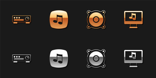 设置混音控制器，音乐笔记，音调，立体声扬声器和电脑与音乐图标。向量图片下载