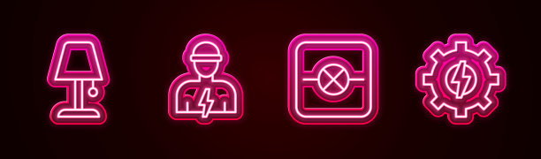 主营业务:台灯、电工灯、电子线路灯、齿轮灯、避雷灯。发光的霓虹灯图标。向量图片下载