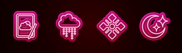 天气预报，有云有雨，有雪花，有月亮和星星。发光的霓虹灯图标。向量图片下载