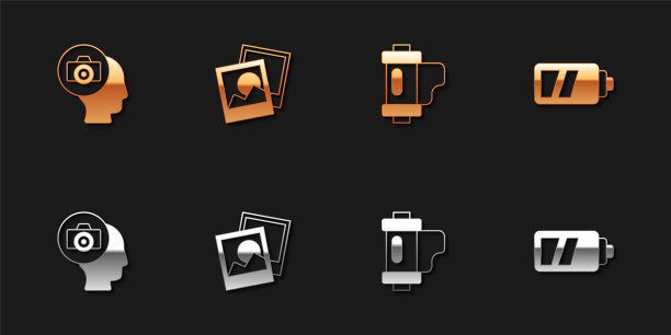 设置相机，框架，相机胶卷和电池的图标。向量图片下载