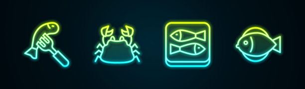 提供盘子里的鱼，螃蟹，罐头和鱼。发光的霓虹灯图标。向量图片下载