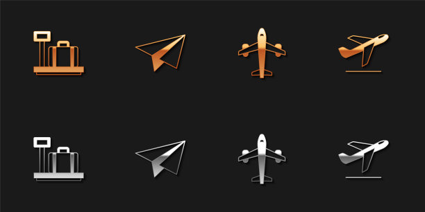 设置比例与行李箱，纸飞机，飞机和起飞图标。向量图片下载