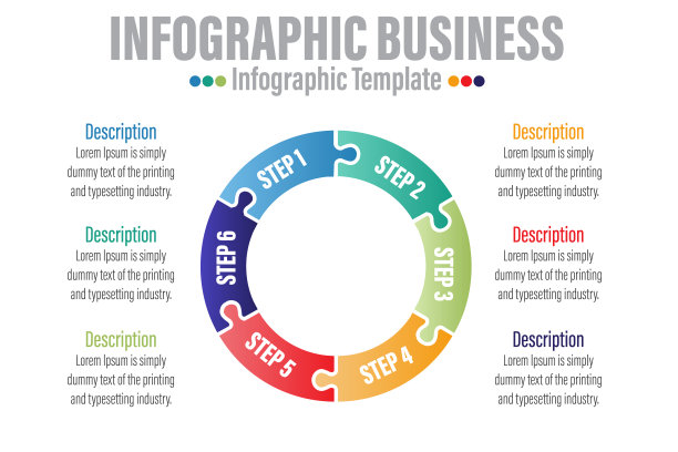信息图表模板的业务。6步现代拼图图与圆圈和主题标题，呈现矢量信息图。图片下载