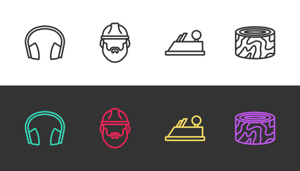 设置线耳机，伐木工，木平面工具和树桩在黑色和白色。向量图片下载