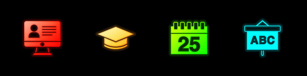 设置在线课程，毕业帽，日历和黑板图标。向量图片下载
