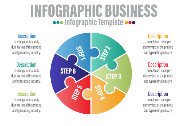 信息图表模板的业务。6步现代拼图图与圆圈和主题标题，呈现矢量信息图。图片下载