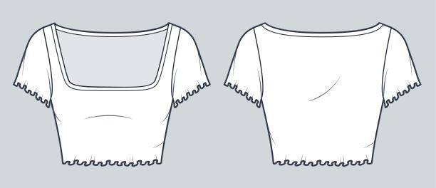 露脐上衣技术时尚插图。九分t恤时尚平面技术图纸模板，莴苣边，方领，修身，前后视图，白色，女装CAD样板。图片下载