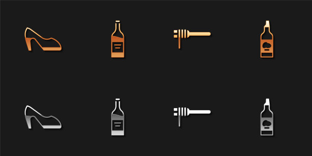 集女鞋，一瓶葡萄酒，意大利面意大利面和橄榄油图标。向量图片下载