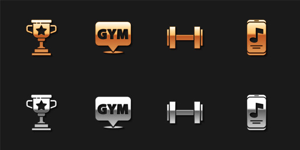 设置奖杯，位置健身房，哑铃和音乐播放器图标。向量图片下载