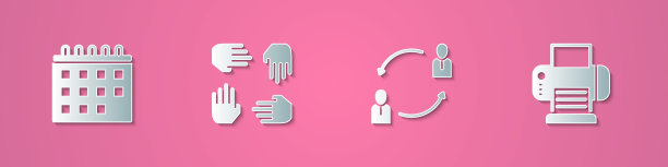 设置剪纸日历，项目团队基地，人力资源和打印机图标。纸艺风格。向量图片下载