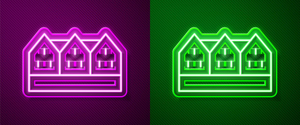 发光的霓虹线冰岛木屋图标孤立的紫色和绿色的背景。冰岛的建筑元素。向量图片下载