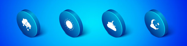 设置等距云与雨和闪电，月亮和太阳的图标。向量图片下载