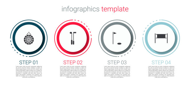 集经典飞镖板，高尔夫球杆，旗帜和排球网。业务信息图表模板。向量图片下载
