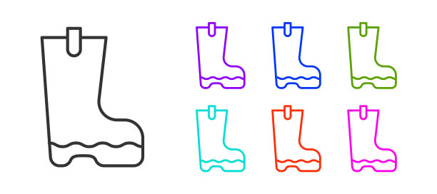 黑色线条防水橡胶引导图标孤立在白色背景。雨天、钓鱼、园艺时穿的胶靴。设置图标彩色。向量图片下载