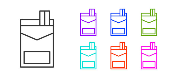 黑线香烟包装盒图标孤立在白色背景。香烟包装。设置图标彩色。向量图片下载