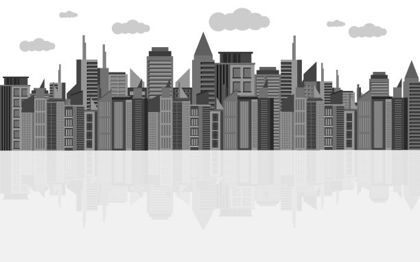 灰色城市天际线和摩天大楼建筑与反射剪影背景图片下载