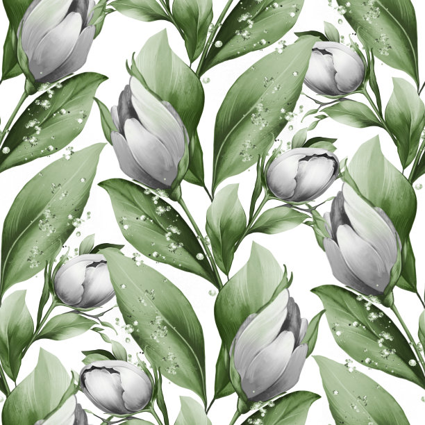 无缝图案与白色郁金香。花卉背景与手绘花。图片下载
