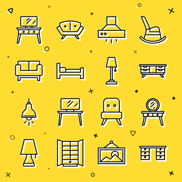 办公桌，梳妆台，电视架，厨房抽风机，床，沙发和落地灯图标。向量图片下载