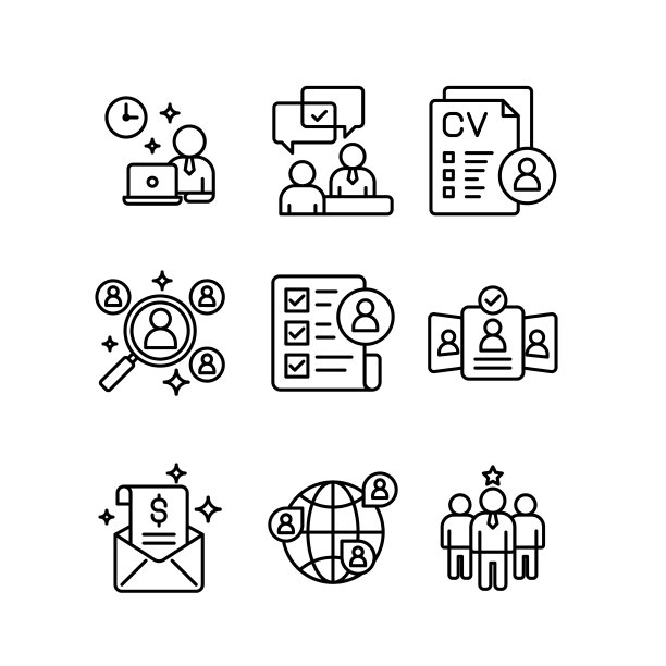 招聘和员工图标表的设计。HR人力资源线样式图标集图片下载