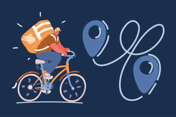 外卖员骑自行车矢量卡通插画与定位图标图片下载