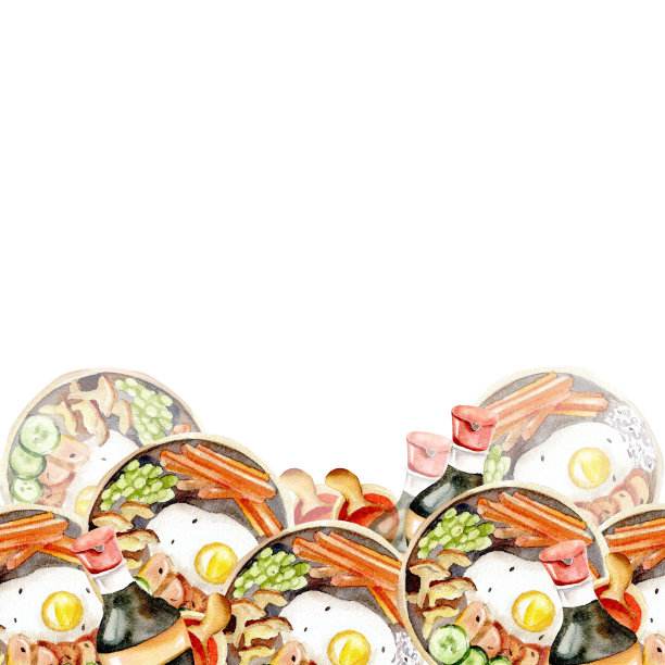 水彩无缝边框与亚洲食品:饭碗，酱油，辣椒在白底图片下载