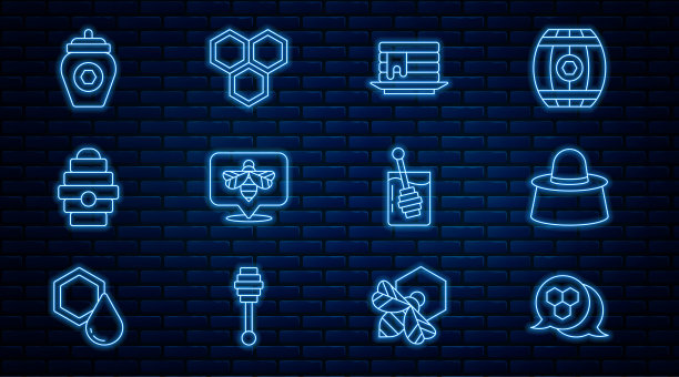 设置线蜂窝，养蜂人与保护帽，煎饼堆栈，蜂箱，罐蜂蜜，勺棒和图标。向量图片下载