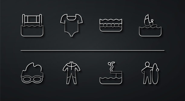 设置线水排球网，眼镜游泳，风帆冲浪，游泳运动员潜入游泳池，潜水服水肺，泳衣，冲浪板和游泳图标。向量图片下载