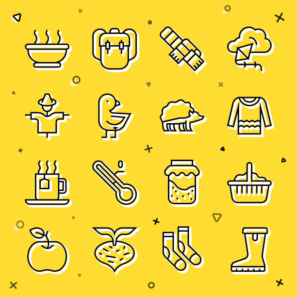 集线防水橡胶靴，篮子，毛衣，冬季围巾，小鸡，稻草人，碗热汤和刺猬图标。向量图片下载