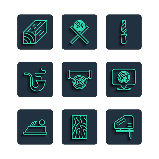 集线木平面工具，木梁，电动拼图，锉刀金属文件，双手和原木，吸烟管，和原木图标。向量图片下载